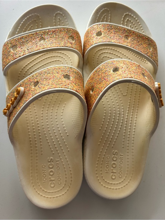 CROCS Shoes - CROCS Cream Slide Sandals with Multicolor Glitter Straps